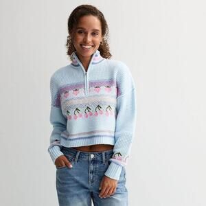 Sugar Moon Juniors Large Strawberry Long Sleeve Quarter Zip Jacquard Sweater Top